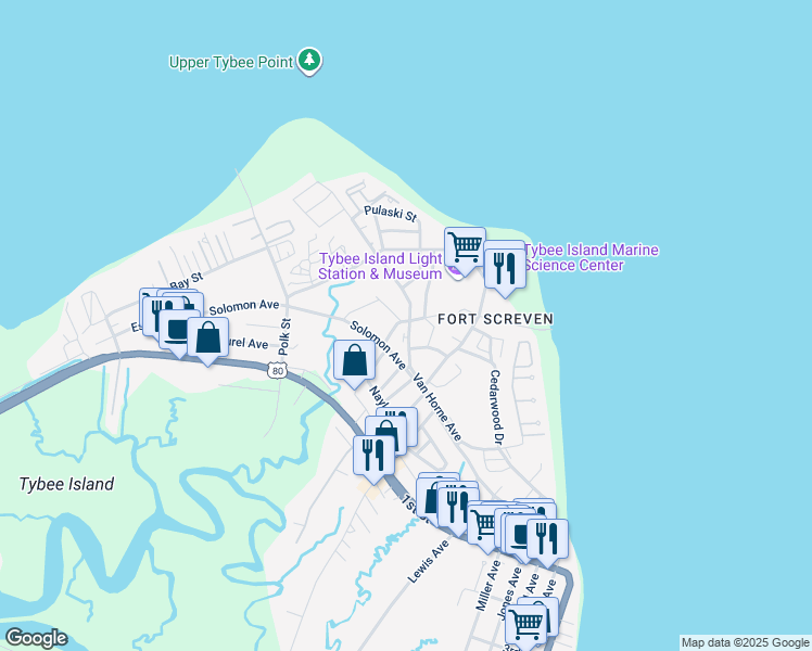 map of restaurants, bars, coffee shops, grocery stores, and more near 61 Solomon Avenue in Tybee Island