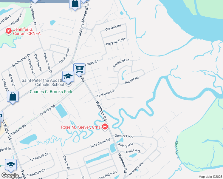 map of restaurants, bars, coffee shops, grocery stores, and more near 5 Teakwood Drive in Savannah