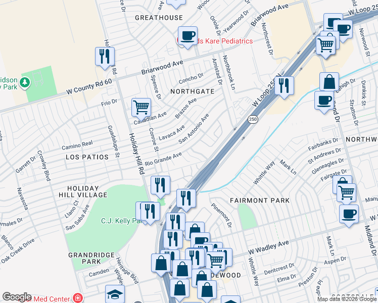 map of restaurants, bars, coffee shops, grocery stores, and more near 4017 Livingston Street in Midland