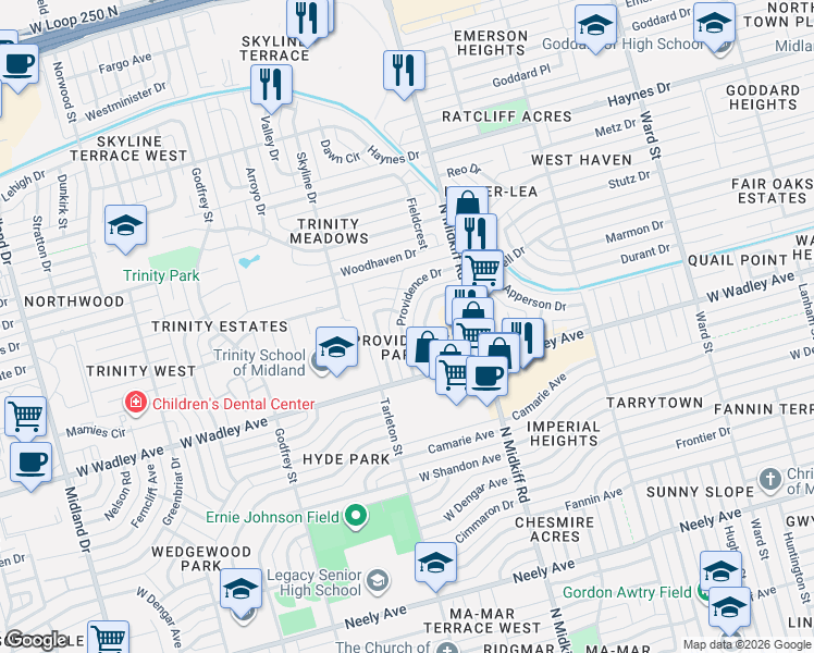 map of restaurants, bars, coffee shops, grocery stores, and more near 3326 Maxwell Drive in Midland