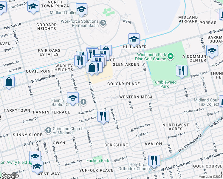 map of restaurants, bars, coffee shops, grocery stores, and more near 2755 Racquet Club Drive in Midland