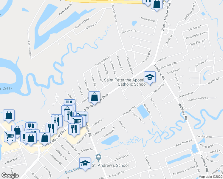 map of restaurants, bars, coffee shops, grocery stores, and more near 6816 Johnny Mercer Boulevard in Savannah