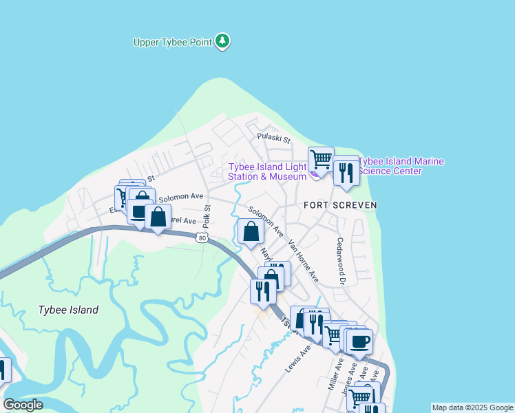 map of restaurants, bars, coffee shops, grocery stores, and more near 71 Solomon Avenue in Tybee Island
