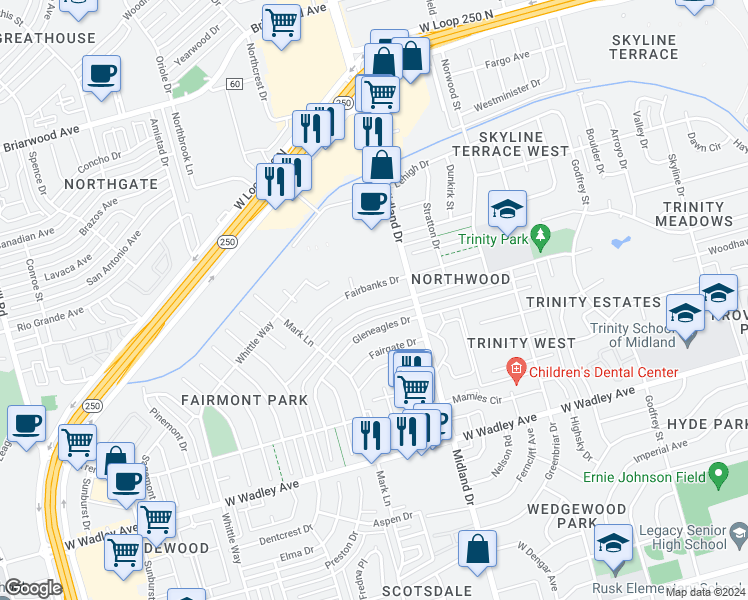 map of restaurants, bars, coffee shops, grocery stores, and more near 4412 Saint Andrews Drive in Midland