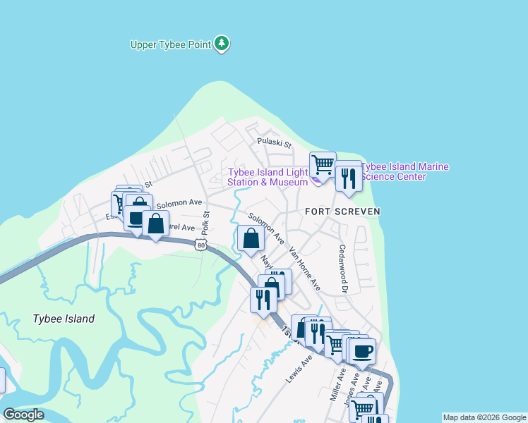 map of restaurants, bars, coffee shops, grocery stores, and more near 61 Solomon Avenue in Tybee Island
