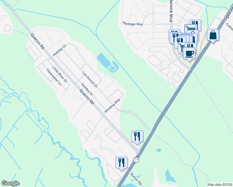 map of restaurants, bars, coffee shops, grocery stores, and more near 108 Winding Way in Savannah