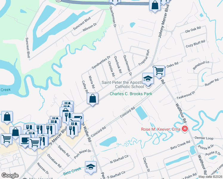 map of restaurants, bars, coffee shops, grocery stores, and more near 6906 Johnny Mercer Boulevard in Savannah
