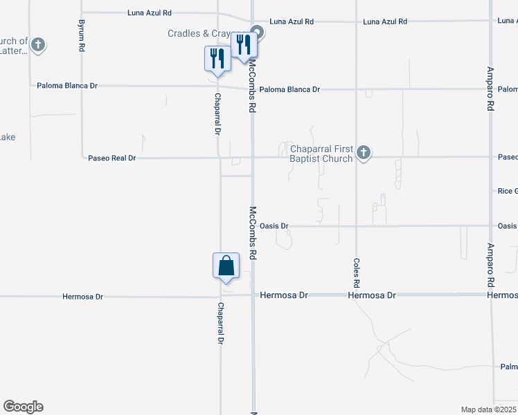 map of restaurants, bars, coffee shops, grocery stores, and more near 398 Oasis Drive in Chaparral
