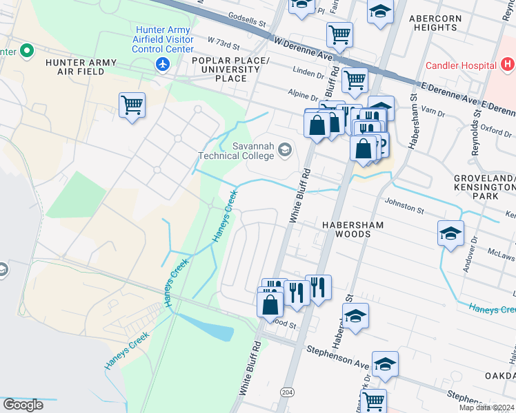 map of restaurants, bars, coffee shops, grocery stores, and more near 120 Oliver Avenue in Savannah