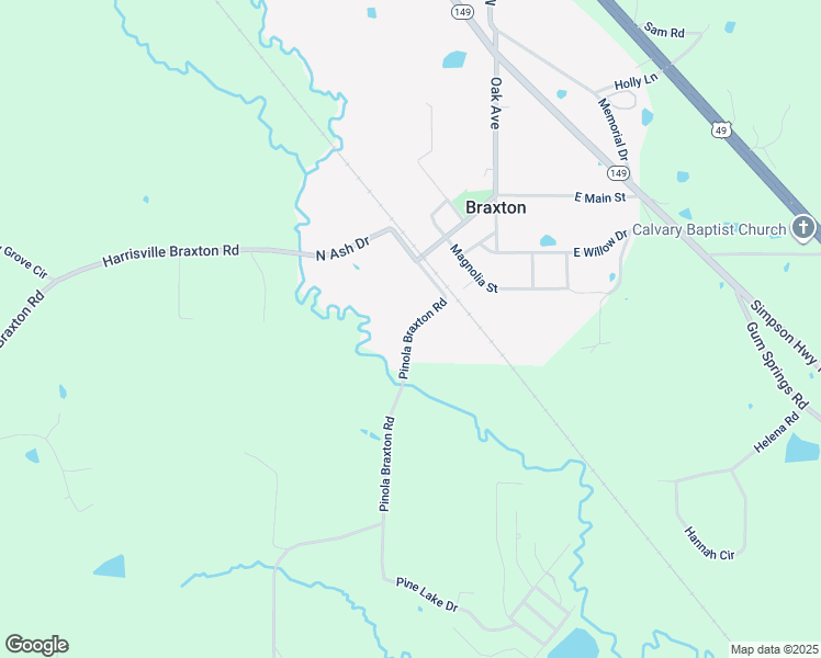 map of restaurants, bars, coffee shops, grocery stores, and more near Pinola Braxton Road in Braxton