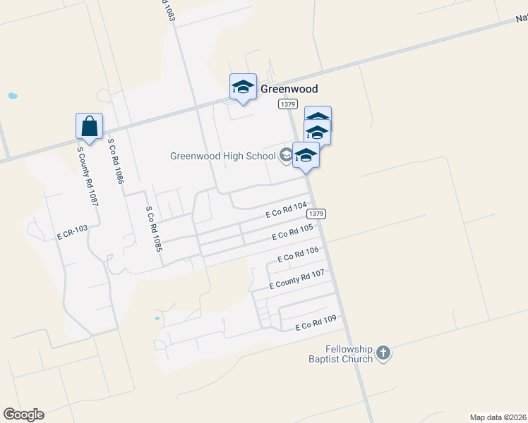 map of restaurants, bars, coffee shops, grocery stores, and more near 10802 E County Road 104 in Midland