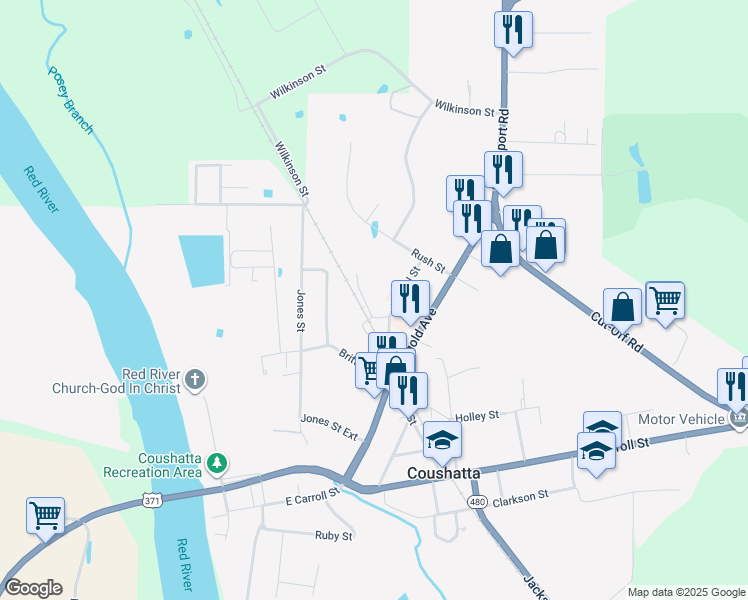 map of restaurants, bars, coffee shops, grocery stores, and more near 601 Savior Street in Coushatta