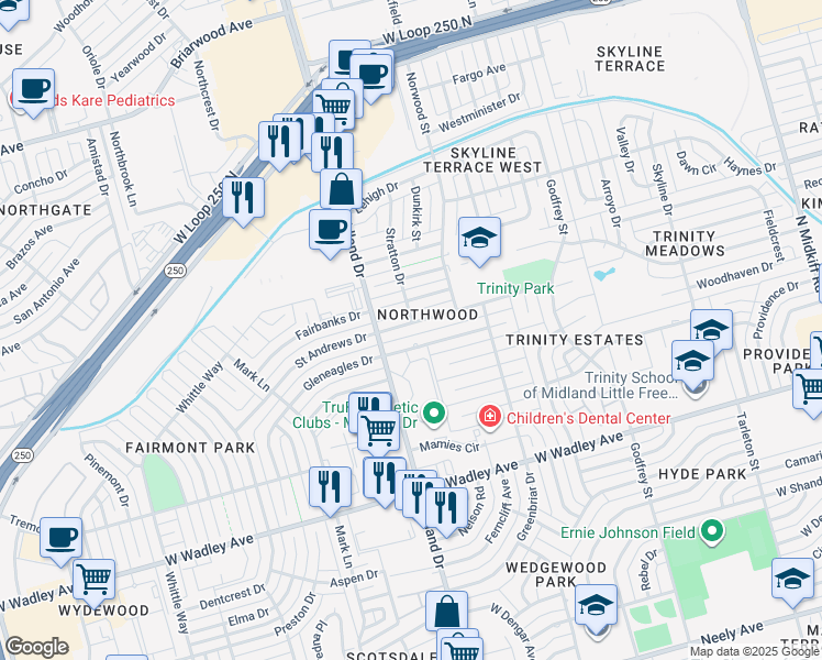map of restaurants, bars, coffee shops, grocery stores, and more near 4301 Saint Andrews Drive in Midland