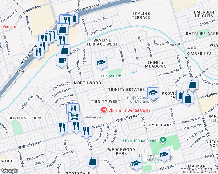 map of restaurants, bars, coffee shops, grocery stores, and more near 4005 Radcliff Court in Midland