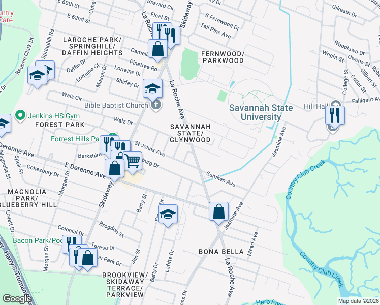 map of restaurants, bars, coffee shops, grocery stores, and more near 5014 Spartan Dr in Savannah