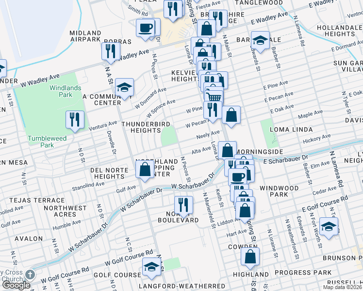 map of restaurants, bars, coffee shops, grocery stores, and more near 424 Neely Avenue in Midland