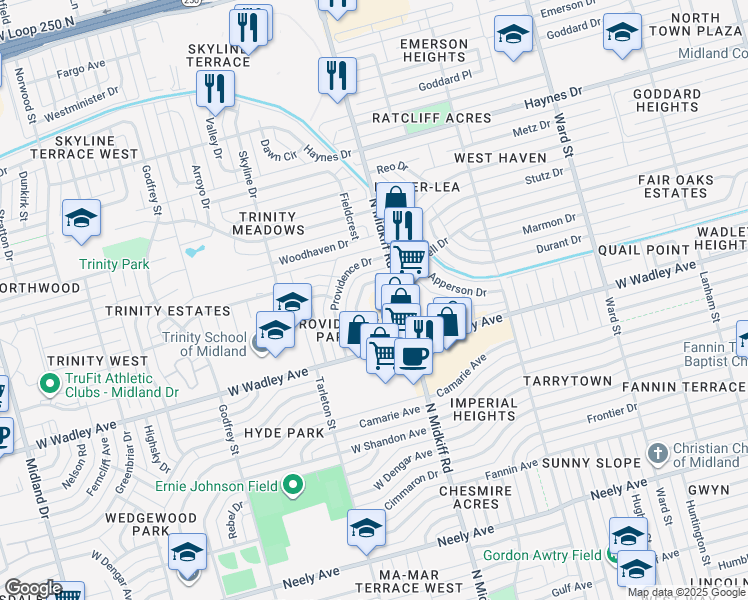 map of restaurants, bars, coffee shops, grocery stores, and more near 3301 Maxwell Dr in Midland