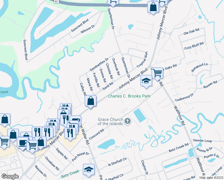 map of restaurants, bars, coffee shops, grocery stores, and more near 6913 Sand Road in Savannah