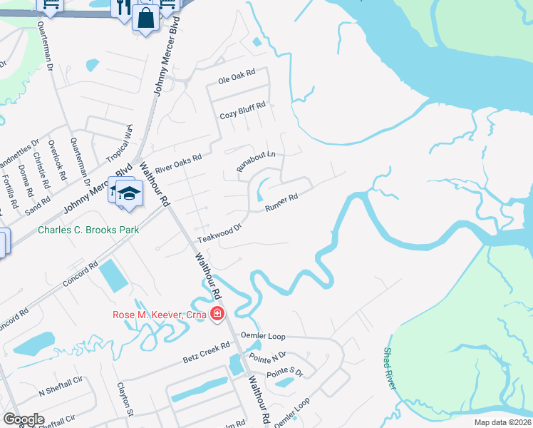 map of restaurants, bars, coffee shops, grocery stores, and more near 116 Runner Road in Savannah