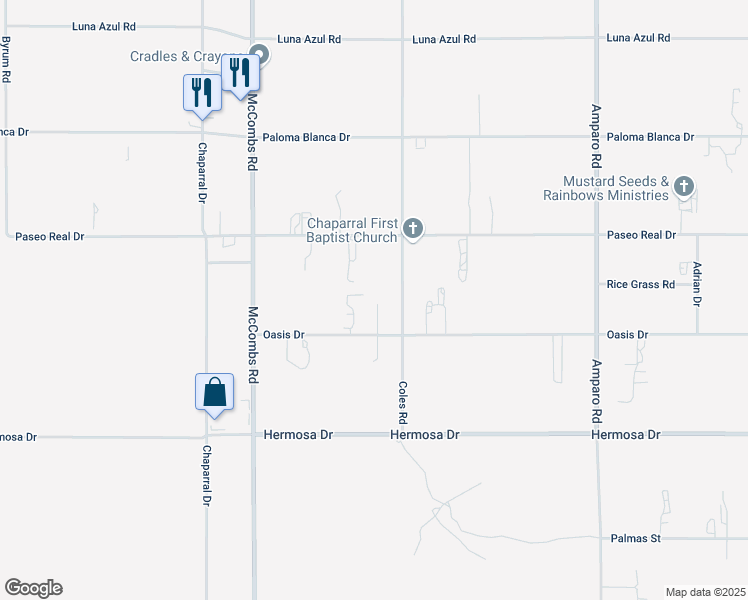 map of restaurants, bars, coffee shops, grocery stores, and more near 348 Oasis Drive in Chaparral