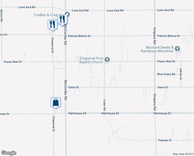 map of restaurants, bars, coffee shops, grocery stores, and more near 348 Oasis Drive in Chaparral