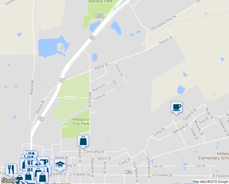 map of restaurants, bars, coffee shops, grocery stores, and more near 132 Trinity Street in Hillsboro