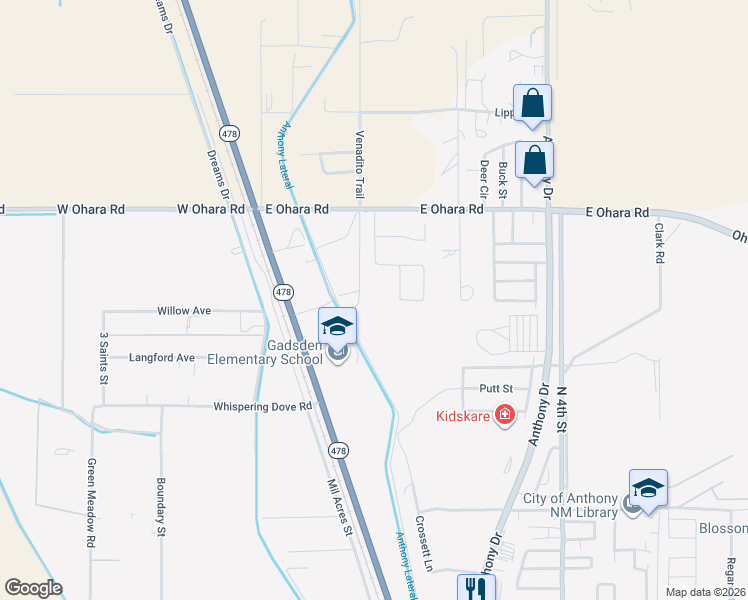 map of restaurants, bars, coffee shops, grocery stores, and more near Venadito Trail in Anthony