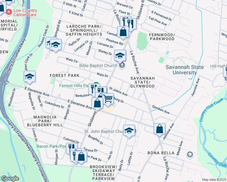 map of restaurants, bars, coffee shops, grocery stores, and more near 2105 Saint Johns Avenue in Savannah