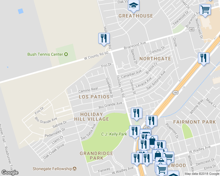 map of restaurants, bars, coffee shops, grocery stores, and more near Guadalupe Street in Midland