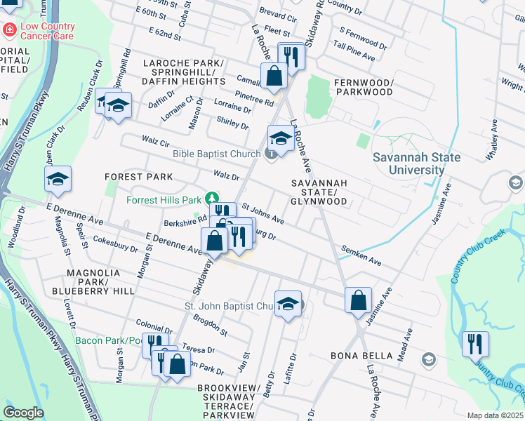 map of restaurants, bars, coffee shops, grocery stores, and more near 5004 Compton Road in Savannah