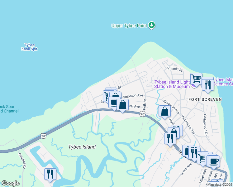 map of restaurants, bars, coffee shops, grocery stores, and more near 1110 Bay Street in Tybee Island