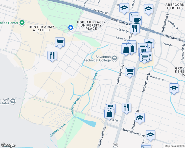 map of restaurants, bars, coffee shops, grocery stores, and more near 1 Gannam Avenue in Savannah