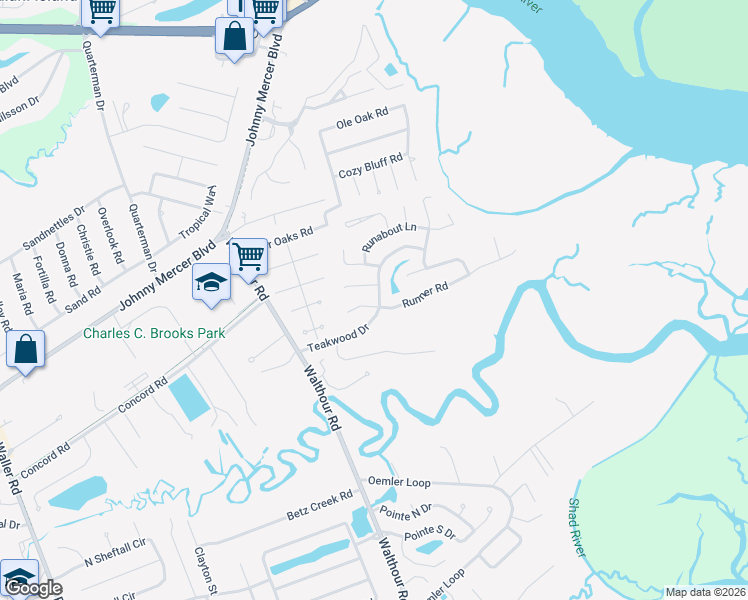 map of restaurants, bars, coffee shops, grocery stores, and more near 103 Teakwood Drive in Savannah