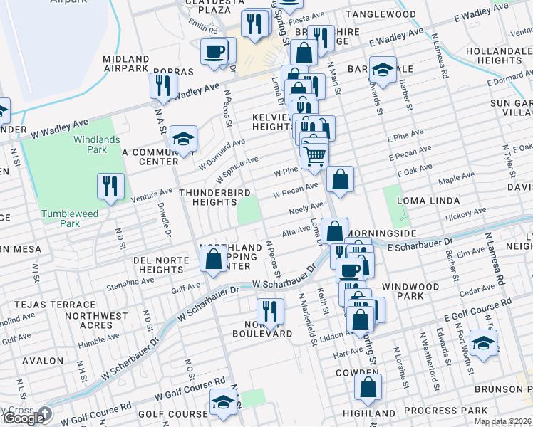map of restaurants, bars, coffee shops, grocery stores, and more near 424 Neely Avenue in Midland