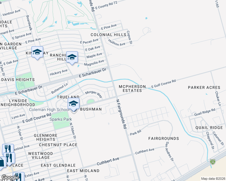 map of restaurants, bars, coffee shops, grocery stores, and more near 1909 North Fairgrounds Road in Midland