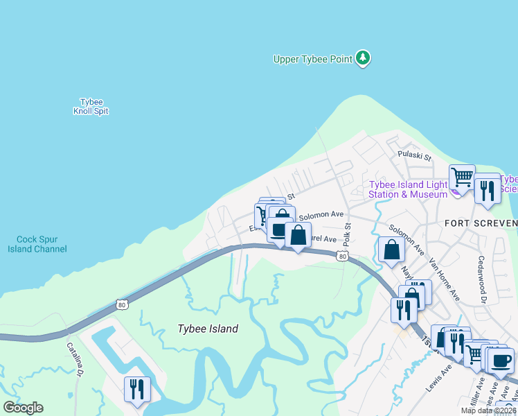 map of restaurants, bars, coffee shops, grocery stores, and more near 1209 Bay Street in Tybee Island