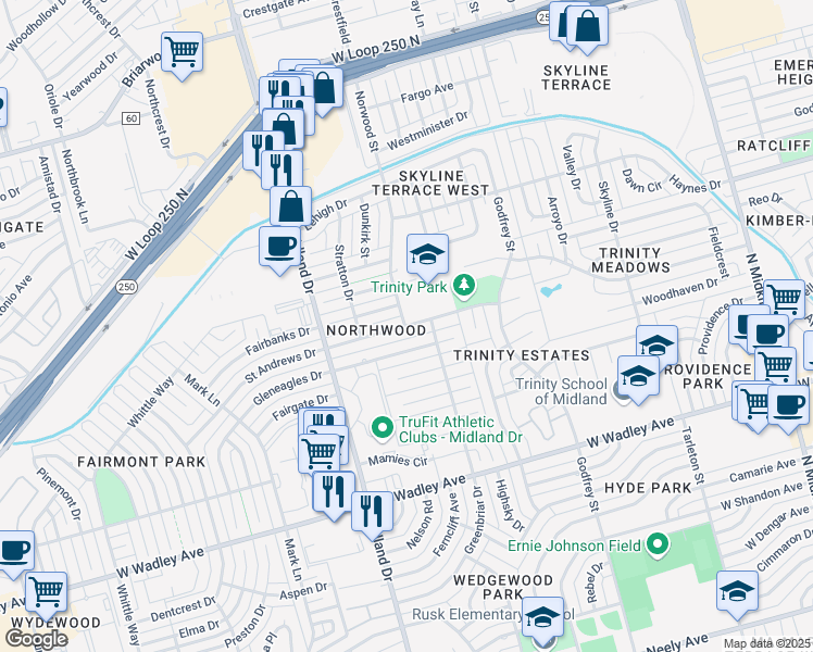 map of restaurants, bars, coffee shops, grocery stores, and more near 3800 Norwood Street in Midland