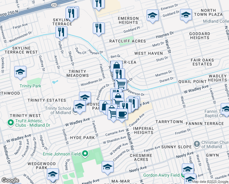 map of restaurants, bars, coffee shops, grocery stores, and more near 3301 Maxwell Drive in Midland