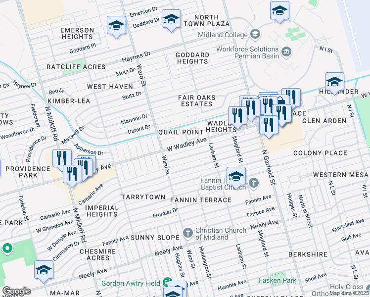 map of restaurants, bars, coffee shops, grocery stores, and more near 2521 West Wadley Avenue in Midland