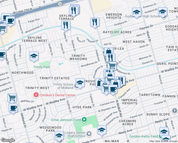 map of restaurants, bars, coffee shops, grocery stores, and more near 3 Quail Run in Midland