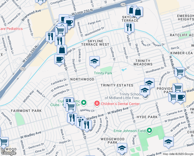 map of restaurants, bars, coffee shops, grocery stores, and more near in Midland