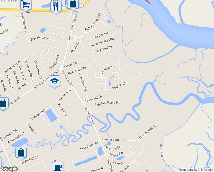 map of restaurants, bars, coffee shops, grocery stores, and more near 103 Teakwood Drive in Savannah