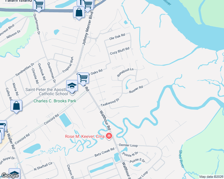 map of restaurants, bars, coffee shops, grocery stores, and more near 11 Rigger Court in Savannah