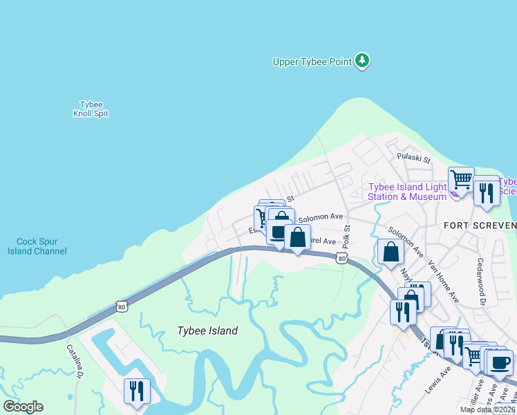 map of restaurants, bars, coffee shops, grocery stores, and more near 1209 Bay Street in Tybee Island