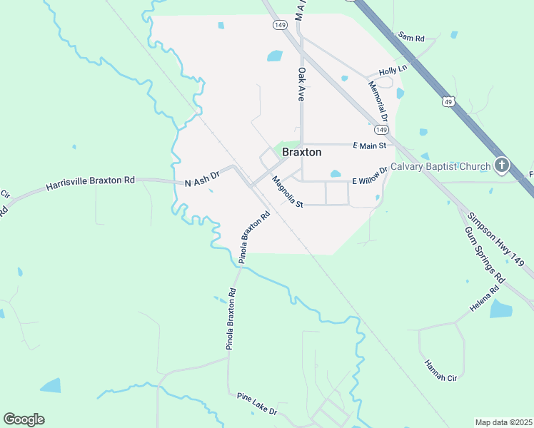 map of restaurants, bars, coffee shops, grocery stores, and more near Pinola Braxton Road in Braxton