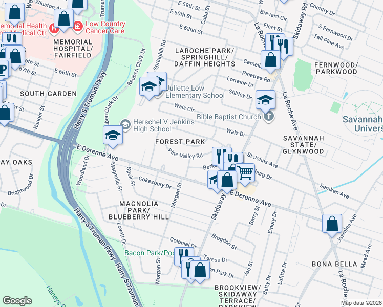 map of restaurants, bars, coffee shops, grocery stores, and more near 130 Pine Valley Road in Savannah