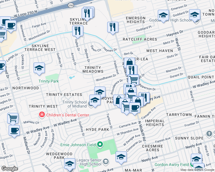 map of restaurants, bars, coffee shops, grocery stores, and more near 3 Quail Run in Midland