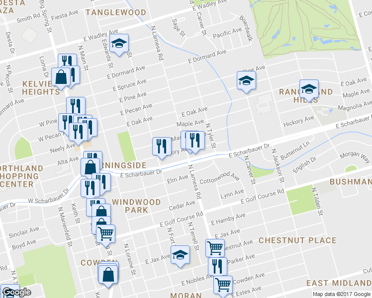 map of restaurants, bars, coffee shops, grocery stores, and more near 2300 North Lamesa Road in Midland