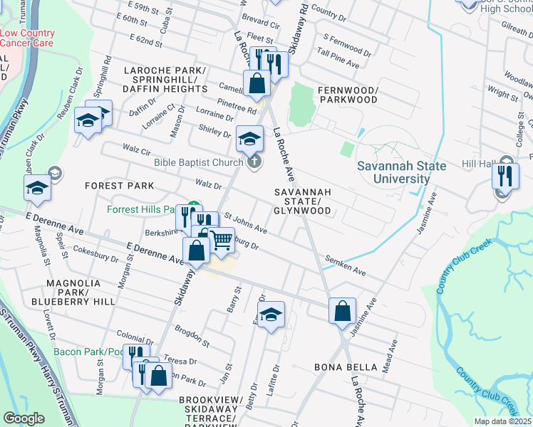 map of restaurants, bars, coffee shops, grocery stores, and more near 5007 Greenway Lane in Savannah