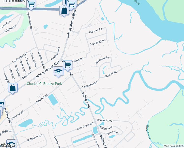 map of restaurants, bars, coffee shops, grocery stores, and more near 11 Rigger Court in Savannah